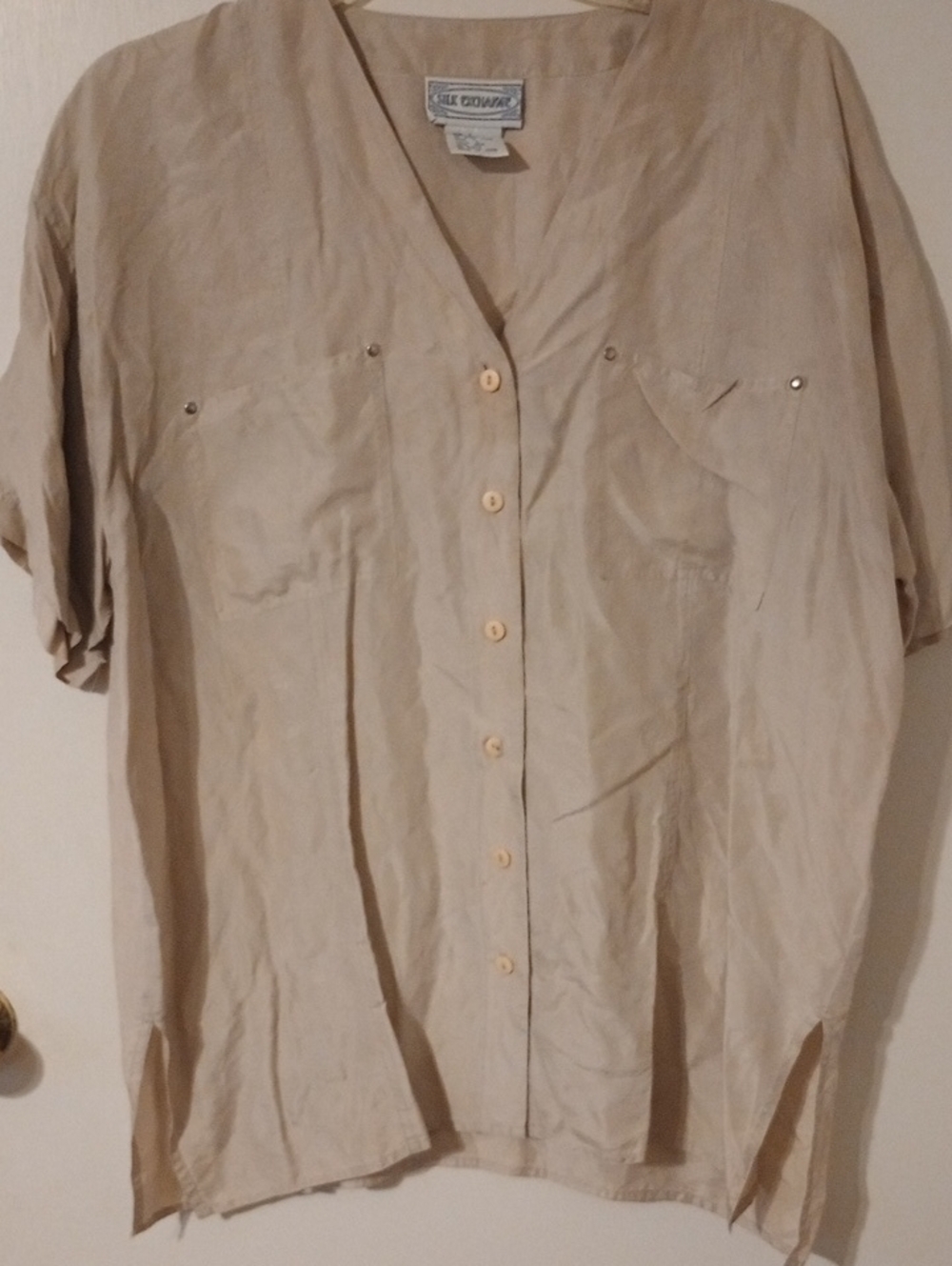 Silk Exchange Women's Casual Button-Down Short Sleeve Shirt Beige/Tan Sz Large